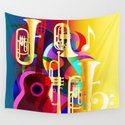 Colorful music instruments with guitar, trumpet, musical notes, bass clef and abstract decor Wandbehang