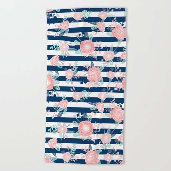 Florals bouquet navy stripe modern classic pattern print nautical preppy chic kids children college Beach Towel