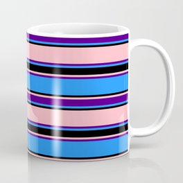 [ Thumbnail: Blue, Black, Light Pink & Indigo Colored Lines Pattern Coffee Mug ]
