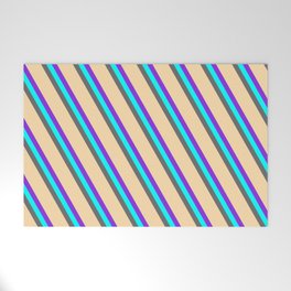[ Thumbnail: Purple, Cyan, Dim Gray & Tan Colored Lined/Striped Pattern Welcome Mat ]