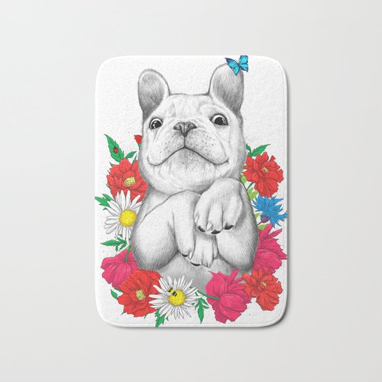 dog in flowers Bath Mat