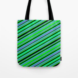 [ Thumbnail: Green, Medium Slate Blue, Lime & Black Colored Stripes/Lines Pattern Tote Bag ]