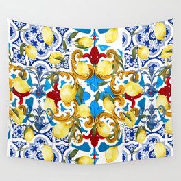 Mediterranean tiles,lemon fruit,mosaic art Wall Tapestry