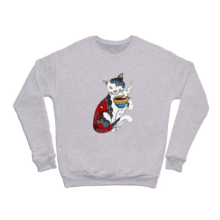 Cat Drinking Coffee With Fish Tattoo - Cat & Coffee Lovers gift idea Crewneck Sweatshirt