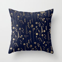 Hand drawn gold cute dried pressed flowers illustration navy blue Throw Pillow