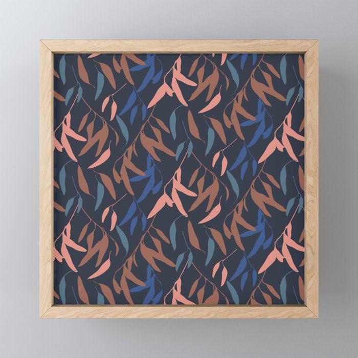 Gum leaves pattern in blue and brown Framed Mini Art Print