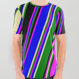 [ Thumbnail: Eye-catching Fuchsia, Blue, Pale Goldenrod, Green, and Black Colored Pattern of Stripes All Over Graphic Tee ]