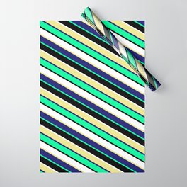 [ Thumbnail: Eyecatching Tan, Midnight Blue, Green, Black & White Colored Lined/Striped Pattern Wrapping Paper ]