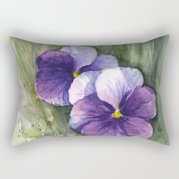 Purple Pansies Watercolor Flowers Painting Violet Floral Art Rectangular Pillow