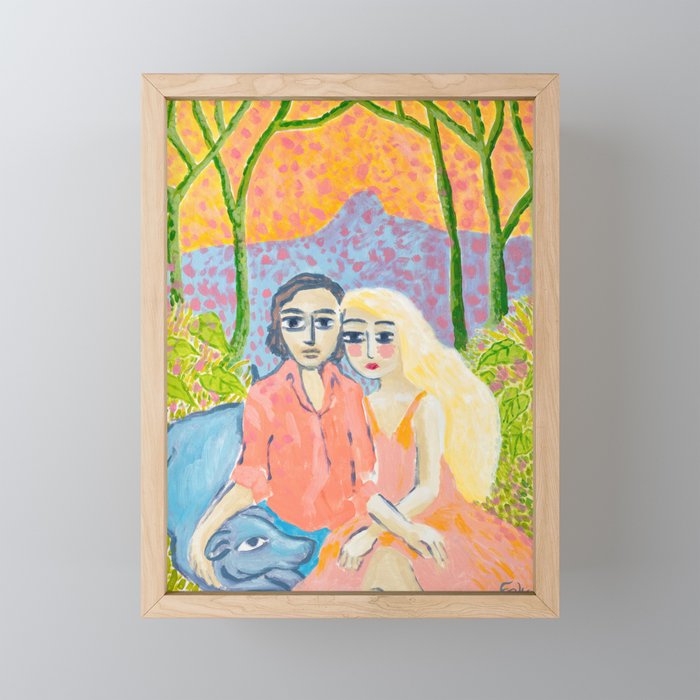 Couple in Love with Blue Dog Framed Mini Art Print