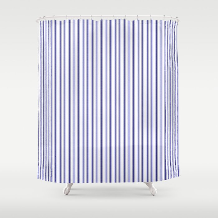 Narrow Navy Blue Mattress Ticking Stripes On White Shower Curtain