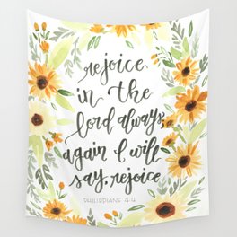 watercolor sunflowers Bible verse /// rejoice in the Lord always Wall Tapestry