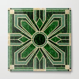 Art Deco Floral Tiles in Emerald Green and Faux Gold Metal Print