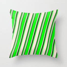 [ Thumbnail: Lime, Dark Sea Green, Beige & Black Colored Lined Pattern Throw Pillow ]