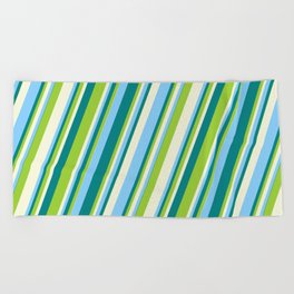 [ Thumbnail: Teal, Green, Beige & Light Sky Blue Colored Stripes/Lines Pattern Beach Towel ]