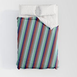 [ Thumbnail: Colorful Brown, Grey, Light Blue, Aquamarine & Midnight Blue Colored Striped Pattern Duvet Cover ]