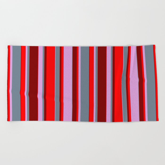 Plum, Slate Gray, Maroon, and Red Colored Lines Pattern Beach Towel