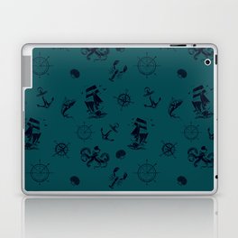 Teal Blue And Blue Silhouettes Of Vintage Nautical Pattern Laptop Skin
