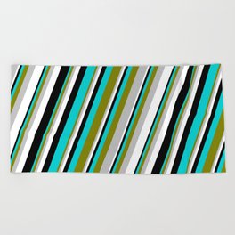 [ Thumbnail: Eye-catching Green, Grey, White, Black & Dark Turquoise Colored Pattern of Stripes Beach Towel ]