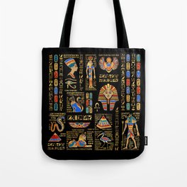 Egyptian hieroglyphs and deities on black Tote Bag