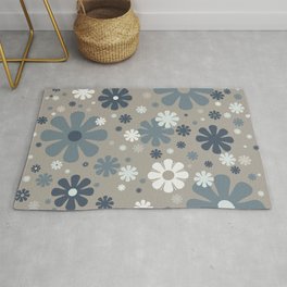 Flowerama - Cheerful Retro Floral Pattern in Neutral Blue Gray on Light Gray Taupe Area & Throw Rug