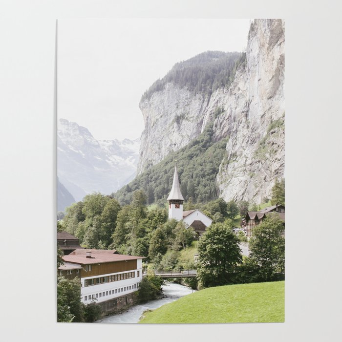 Lauterbrunnen Waterfall Town and Church - Switzerland Photo - Fine Art Travel Photography Poster