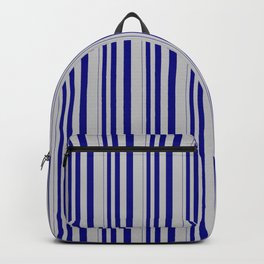 [ Thumbnail: Blue & Grey Colored Stripes Pattern Backpack ]