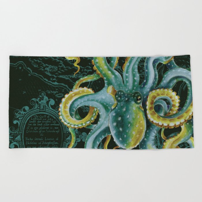 Green Octopus Vintage Map Dark Green Beach Towel
