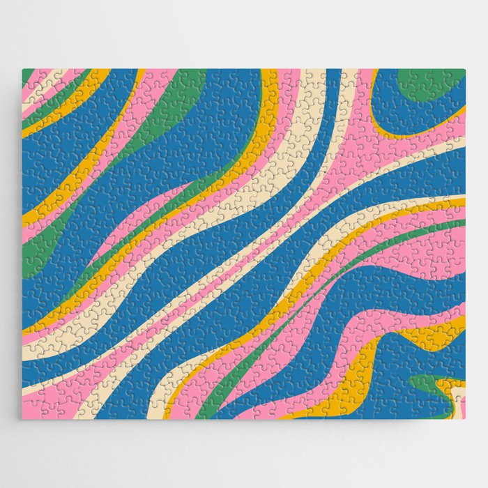 Trippy Dream Retro Pop Bright and Colourful Abstract Pattern Blue Pink Mustard Green Jigsaw Puzzle