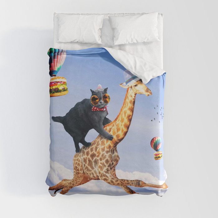 Cat Giraffe - Cat Riding Flying Giraffe with Burger Duvet Cover