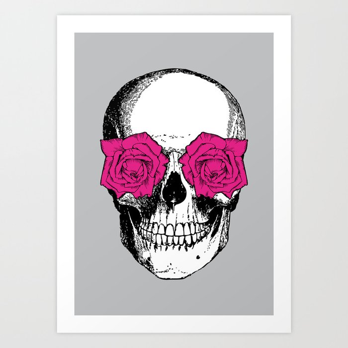 Skull and Roses | Skull and Flowers | Vintage Skull | Grey and Pink | Art Print