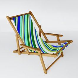 [ Thumbnail: Eyecatching Green, Blue, Aquamarine, Dark Green, and Mint Cream Colored Stripes Pattern Sling Chair ]