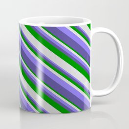 [ Thumbnail: Green, Light Gray, Medium Slate Blue, and Dark Slate Blue Colored Striped Pattern Coffee Mug ]