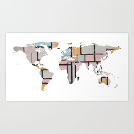 World Map Silhouette - Abstract Piet Mondrian (Wh) Art Print | Graphic Design, Pattern, Painting, Abstract 