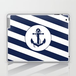 Nautical Anchor Navy Blue & White Stripes Beach Laptop Skin