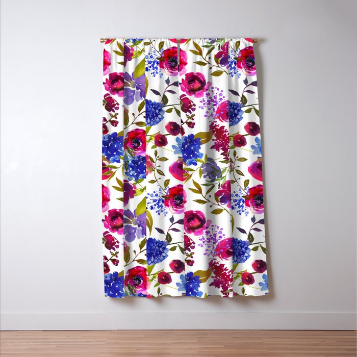 Magenta Pink Navy Blue Lilac Watercolor Floral Blackout Curtain By