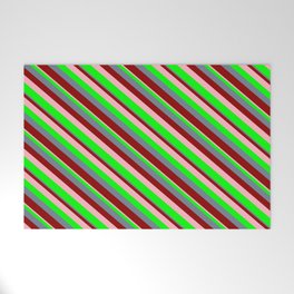 [ Thumbnail: Slate Gray, Dark Red, Light Pink, and Lime Colored Stripes/Lines Pattern Welcome Mat ]