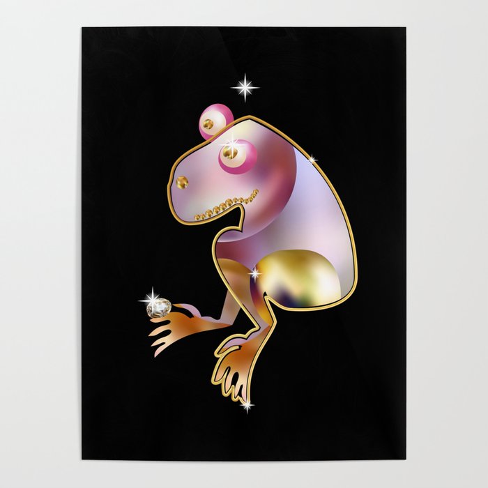 Brooch animal figurine with pearls jewellery and precious stones. Diamonds and gold on animal figures. Frog. Poster