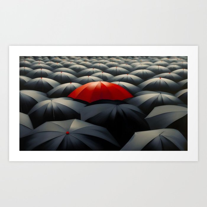 "On the spectrum" red umbrella amidst a sea of jet-black umbrellas portrait painting print Art Print