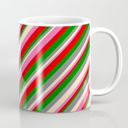 [ Thumbnail: Eye-catching Gray, Bisque, Hot Pink, Red & Green Colored Lines/Stripes Pattern Coffee Mug ]