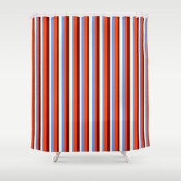 [ Thumbnail: Cornflower Blue, Red, Maroon & Light Yellow Colored Striped Pattern Shower Curtain ]