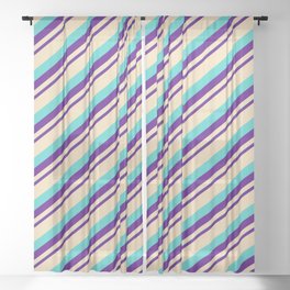 [ Thumbnail: Indigo, Tan, and Turquoise Colored Striped/Lined Pattern Sheer Curtain ]