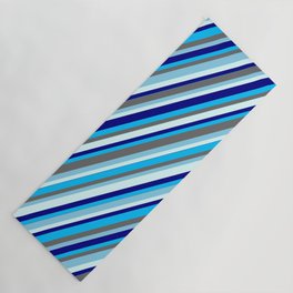 [ Thumbnail: Vibrant Dim Gray, Sky Blue, Light Cyan, Blue & Deep Sky Blue Colored Lined/Striped Pattern Yoga Mat ]