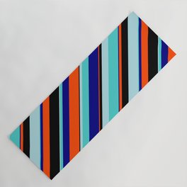 [ Thumbnail: Eye-catching Powder Blue, Turquoise, Blue, Red, and Black Colored Lined/Striped Pattern Yoga Mat ]