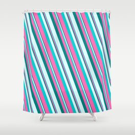[ Thumbnail: Teal, Light Cyan, Dark Turquoise, and Hot Pink Colored Pattern of Stripes Shower Curtain ]