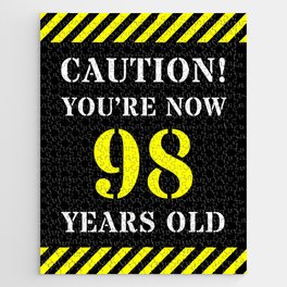 [ Thumbnail: 98th Birthday - Warning Stripes and Stencil Style Text Jigsaw Puzzle ]