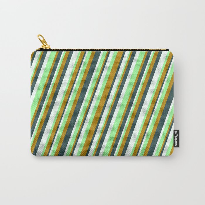 Green, Dark Goldenrod, Dark Slate Gray & Mint Cream Colored Lines/Stripes Pattern Carry-All Pouch