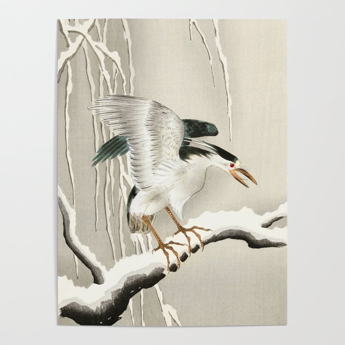 Bird on a snowy tree branch - Vintage Japanese Woodblock Print Poster