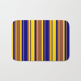 [ Thumbnail: Yellow, Sienna & Blue Colored Striped Pattern Bath Mat ]