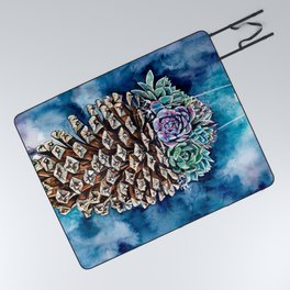 Pine cone and succulents, blue and green flowers, watercolor painting Picnic Blanket